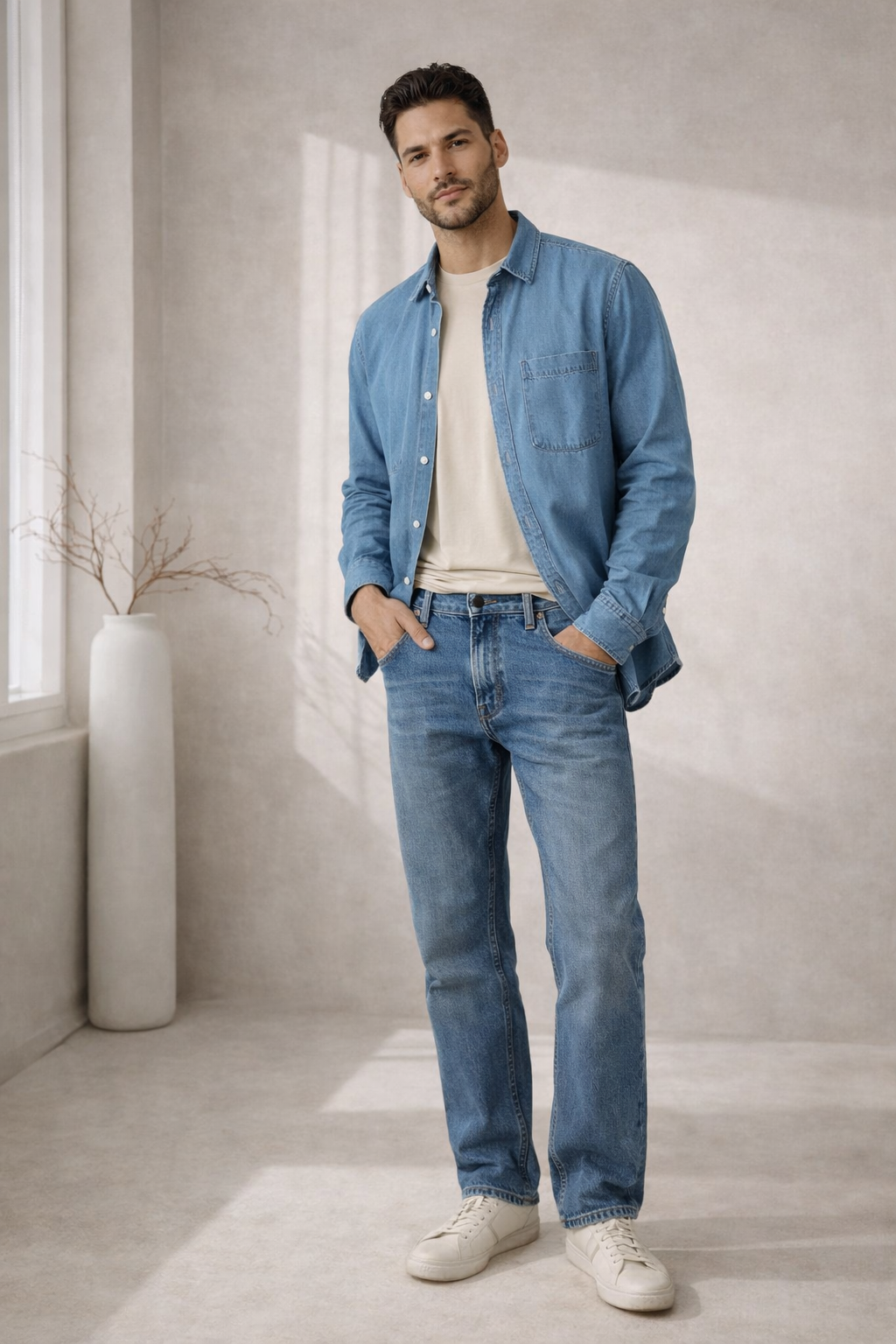 Hombre modelo con camisa de mezclilla azul sobre camiseta beige, jeans rectos azul medio y tenis blancos, posando en interior con luz natural y fondo neutro.